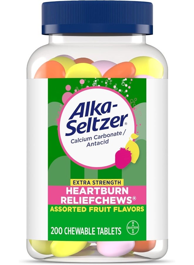 Alka-Seltzer ألكا-سيلتزر أقراص مضغ لتخفيف حرقة المعدة بتركيز إضافي، نكهات فواكه متنوعة، 200 حبة (عبوة من 1) - قد يختلف التغليف - Image 1
